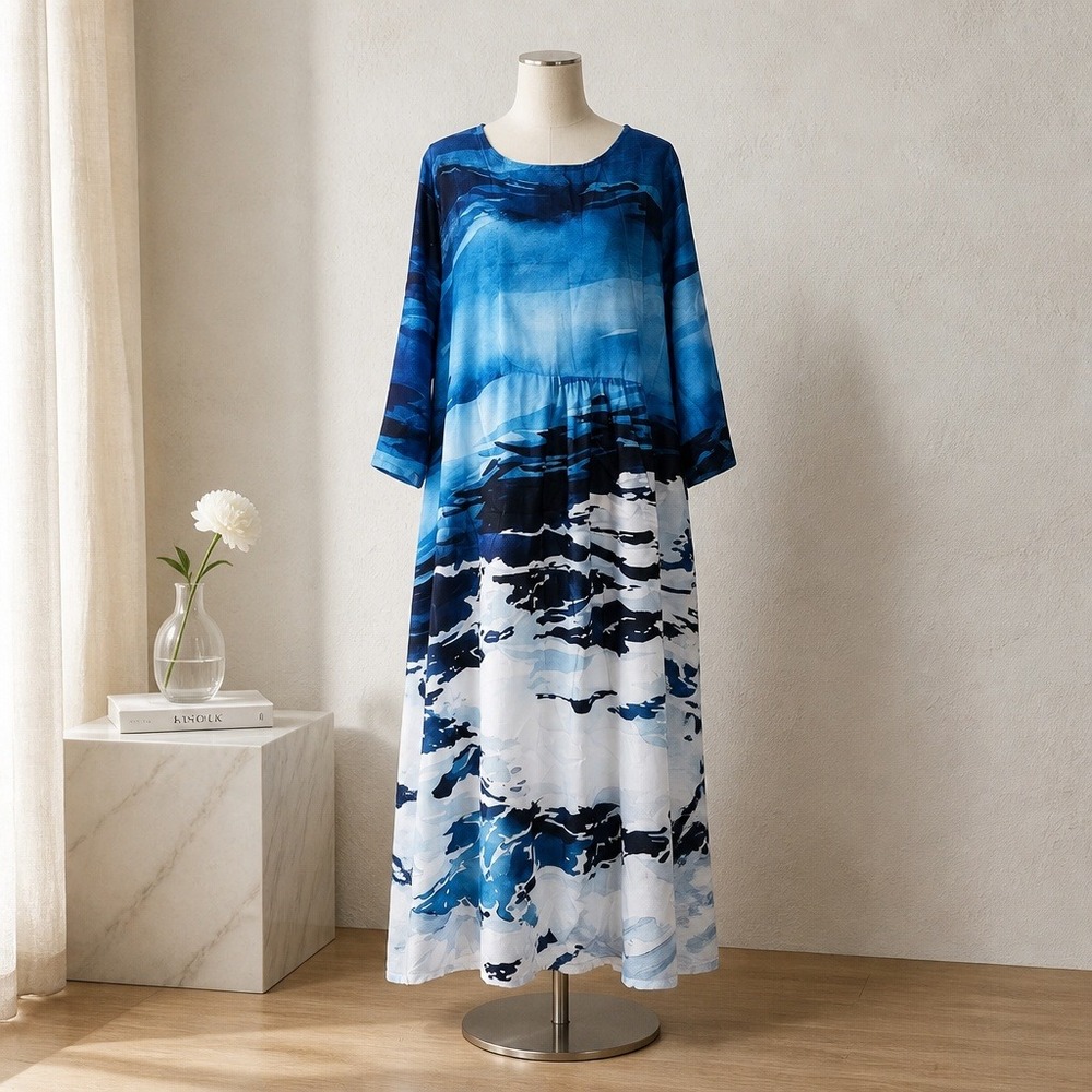 Womens Blue Abstract‎ Wave Print Maxi Dress 3/4 Sleeve Pockets Size 3XL